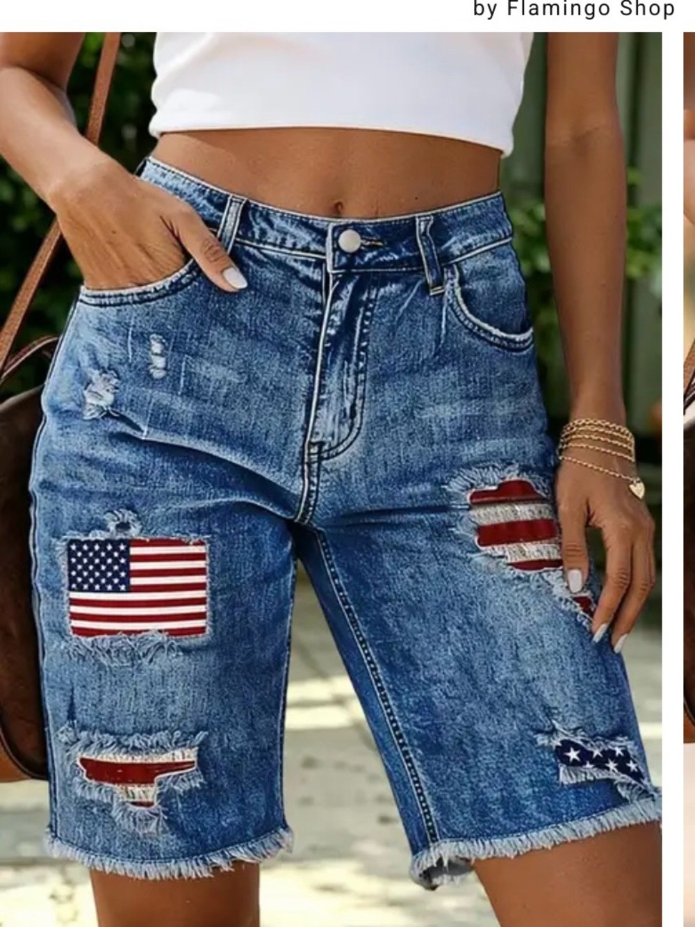 High-Rise Distressed Denim Bermuda Shorts with Flag Patch - Blue
